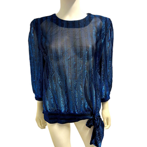 VTG 80s Metallic Blue Sheer Disco Glam Party Clubwear Costume Dynasty Top L
